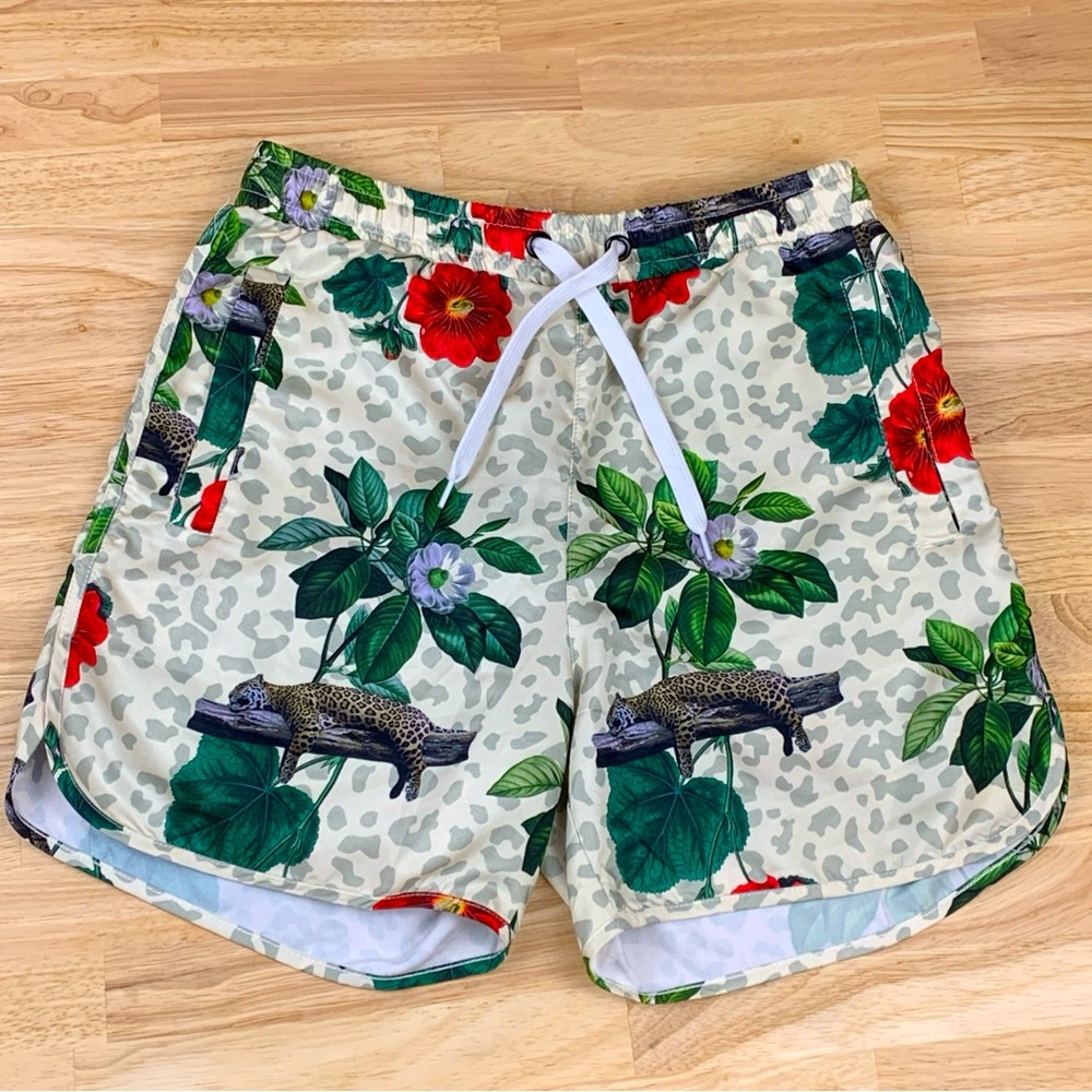 NOVA MEN Leopard Hawaiian Tropical Floral Swim Trunks Shorts 3 Pockets